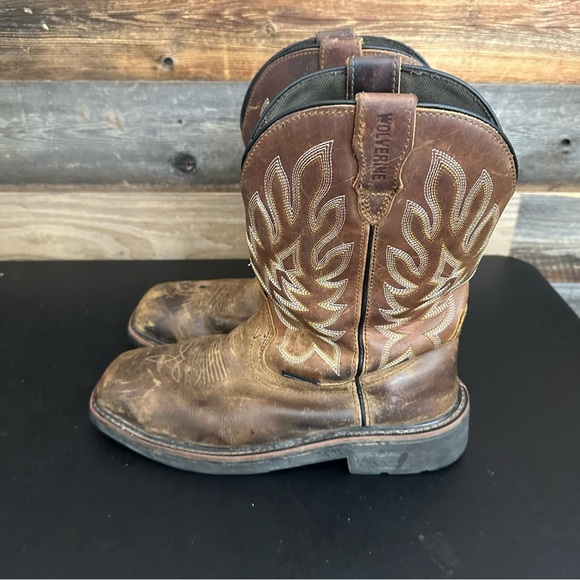 WOLVERINE Mens Brown Leather Rancher Square Toe 9 EW Wellington Steel Toe Boots - Picture 2 of 13